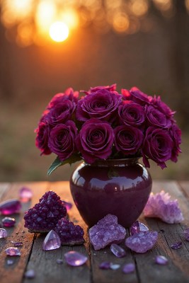 Purple Roses in Vase with Crystals
