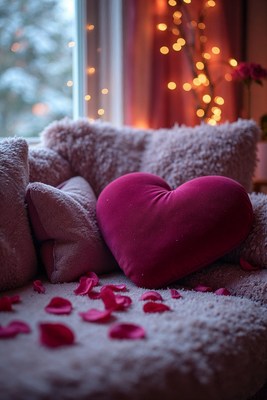 Pink Heart Pillow on Fluffy Bed