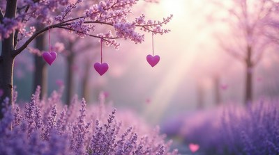 Pink hearts hanging from cherry blossom tree