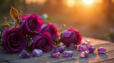 Purple Roses with Amethyst on Wood