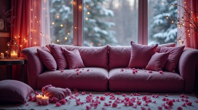 Pink sofa with rose petals and snowy window