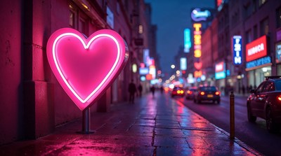 Neon Pink Heart on Wet Night Street