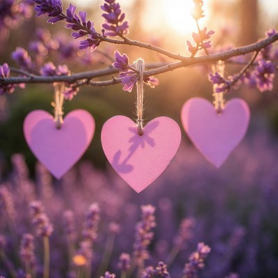 Pink hearts hanging on lavender branch sunset