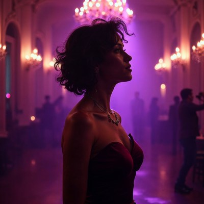 Silhouette of woman in purple-lit ballroom