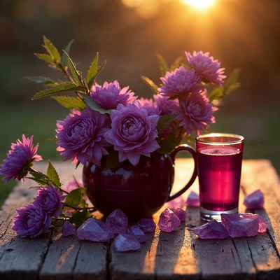 Purple Dahlias with Crystals and Drink