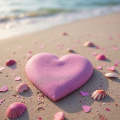 Pink heart on beach with seashells