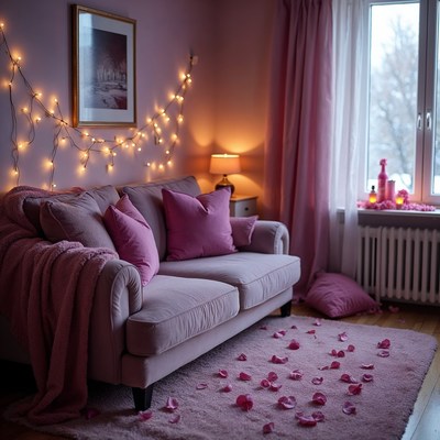 Pink sofa with fairy lights and rose petals