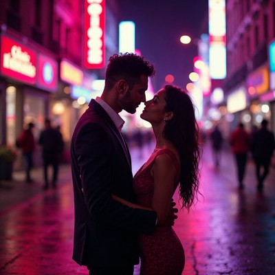 Couple kissing on neon-lit rainy street