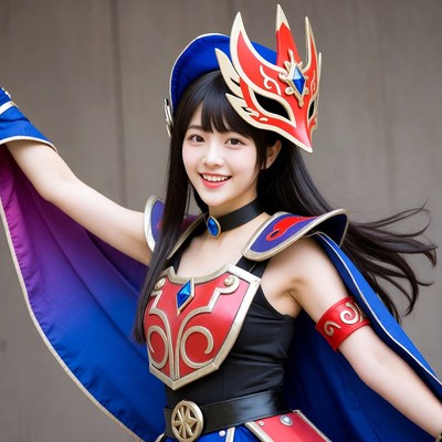 Asian woman in red blue cosplay costume