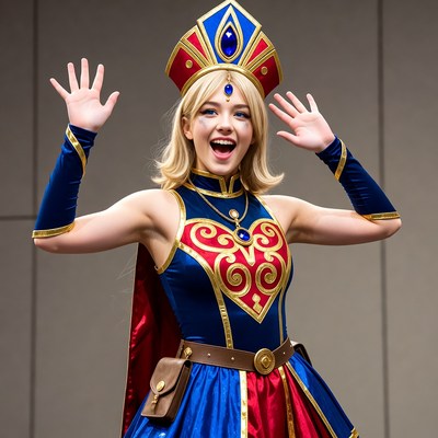 Blonde woman in blue red cosplay costume