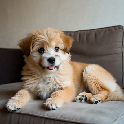 Fluffy puppy lounging on couch