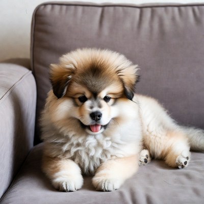 Fluffy puppy on gray couch