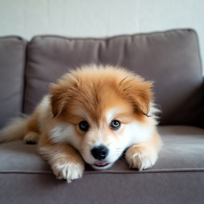 Fluffy Pomeranian puppy on couch