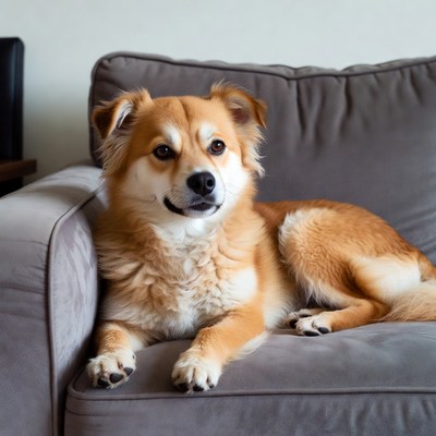 Fluffy tan dog lounging on couch