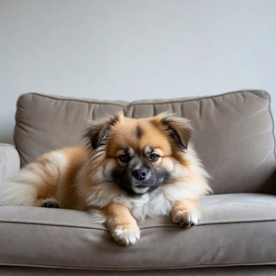 Fluffy Pomeranian lying on couch