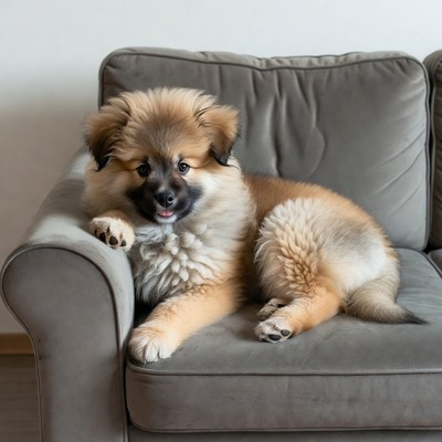 Fluffy Pomeranian Puppy on Couch