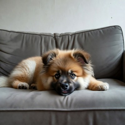 Fluffy Pomeranian puppy on couch