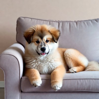 Fluffy puppy lounging on couch