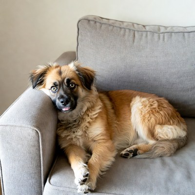 Brown dog lounging on couch