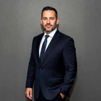 Man in navy suit with hands in pockets