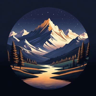 Mountain Landscape with River and Stars