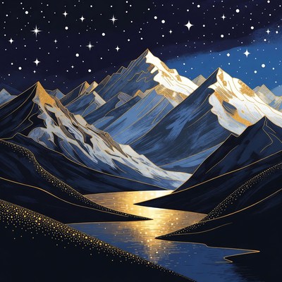 Starry Night Snowy Mountains Illustration