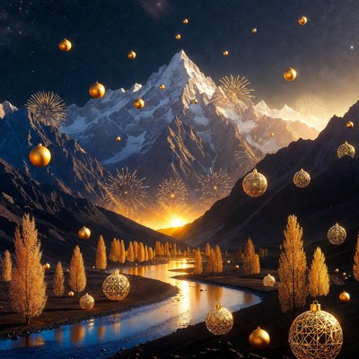 Golden Christmas Ornaments in Snowy Mountain Valley