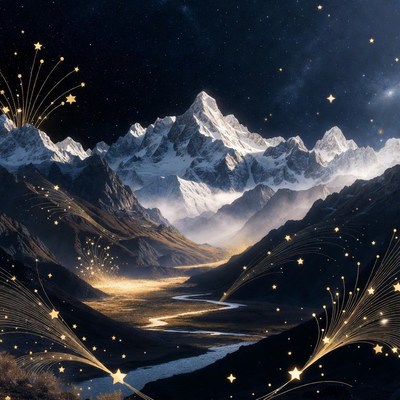 Snowy Mountains with Stars and Fireworks