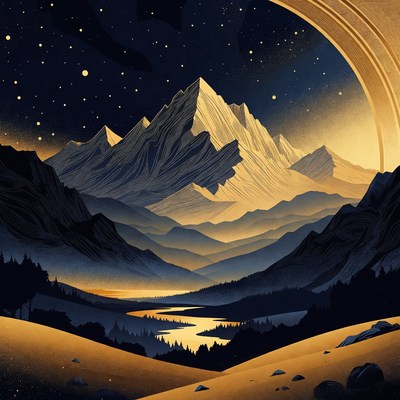 Starry Mountains with Saturn Illustration