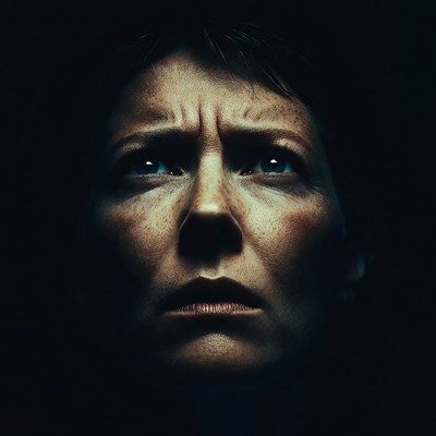 Freckled woman with intense stare