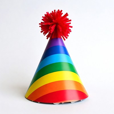 Rainbow Party Hat with Red Pom Pom