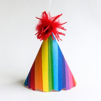 Rainbow Party Hat with Red Pom Pom