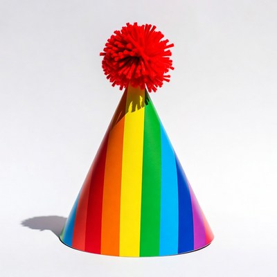 Rainbow Party Hat with Red Pom Pom