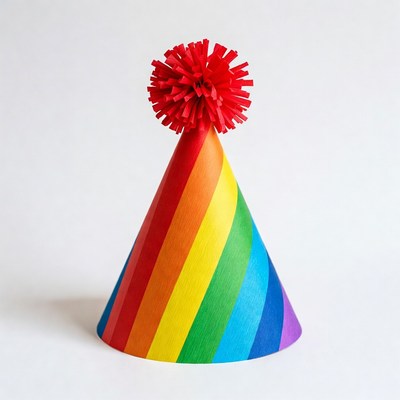 Rainbow Party Hat with Red Pom Pom