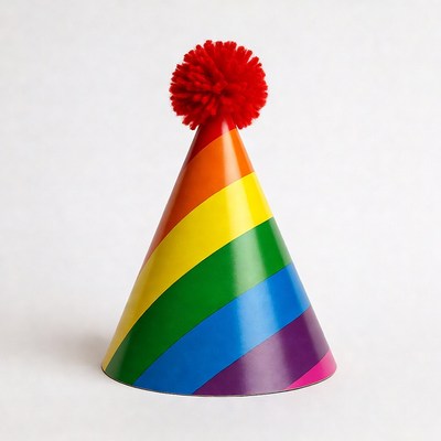 Rainbow Party Hat with Red Pom Pom