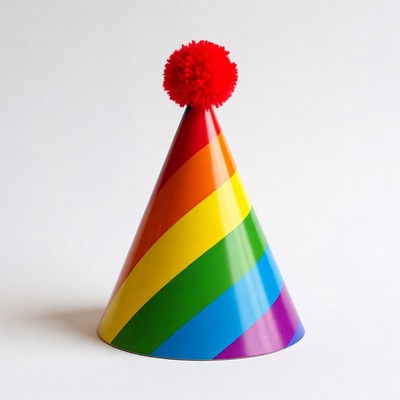 Rainbow Party Hat with Red Pom Pom