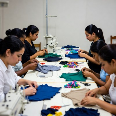 Women sewing clothes at workshop table