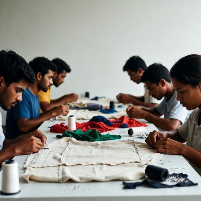 Group sewing clothes at table