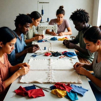 Diverse group sewing fabrics at table