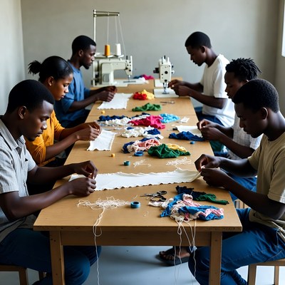 African group sewing colorful fabrics