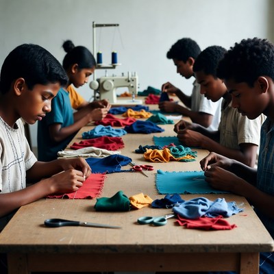 Children sewing colorful fabrics at table