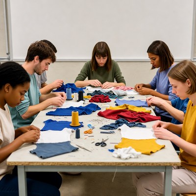 Diverse group sewing fabrics at table