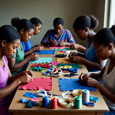 African girls sewing colorful fabrics