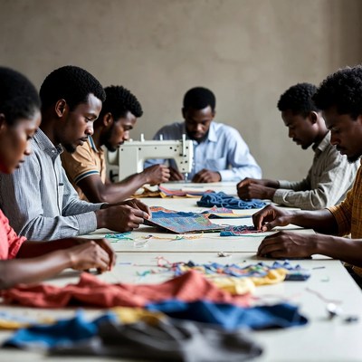 African men and woman sewing fabrics