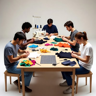 Diverse group sewing colorful fabrics