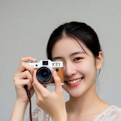 Asian woman holding vintage camera