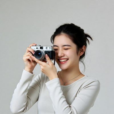 Asian woman holding vintage camera