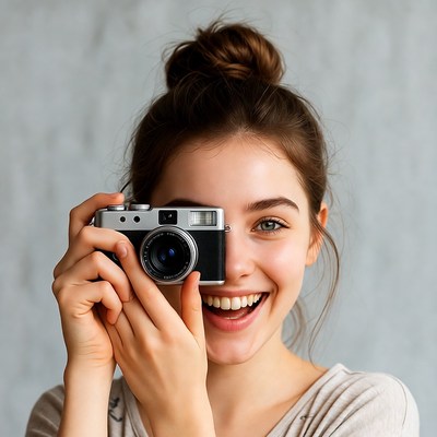 Smiling woman holding vintage camera