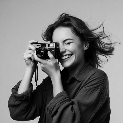 Woman holding vintage camera