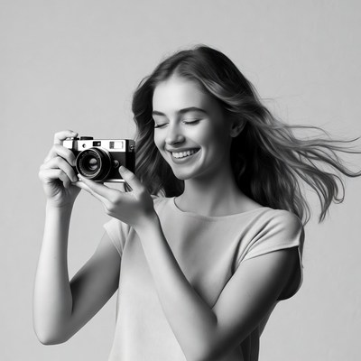 Young woman holding vintage camera